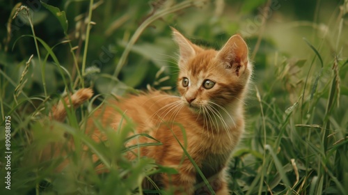 Curious ginger kitten exploring the lush greenery, surrounded by tall grass and plants, looking attentively at the surroundings.