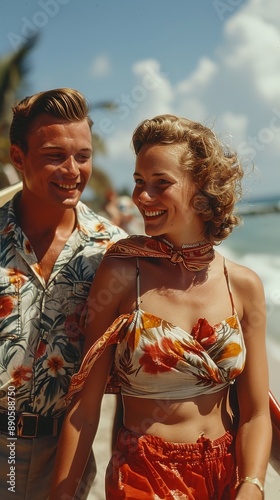 Retro style vintage loving couple spending time on the summer beach together