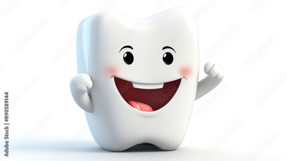 Obraz premium Cheerful cartoon tooth character with a big smile and rosy cheeks. Perfect for dental and oral health concepts, kid-friendly designs, and more.