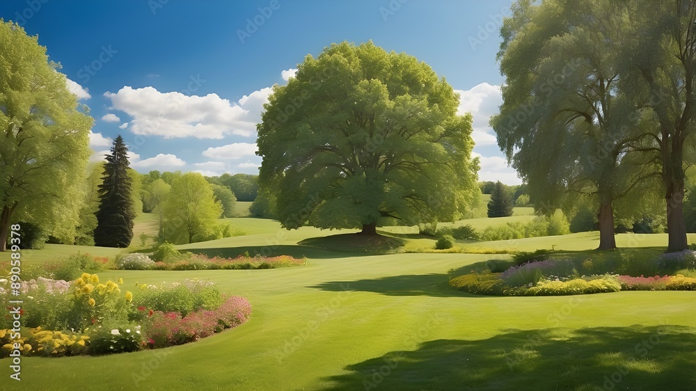 Gorgeous large format picture of a sunny summer day with a well-kept country lawn encircled by plants and trees. Nature in springtime summer. Gorgeous large format picture of a sunny summer day with a well-kept country lawn encircled by plants and trees. Nature in springtime summer.