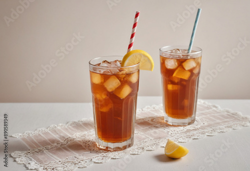 Wallpaper Mural  Vintage iced tea with a striped straw on a lace tablecloth.  Torontodigital.ca