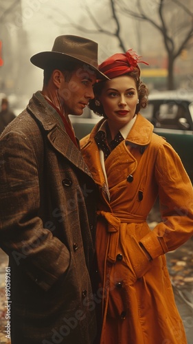 Retro style vintage loving couple standing close to each other on the street