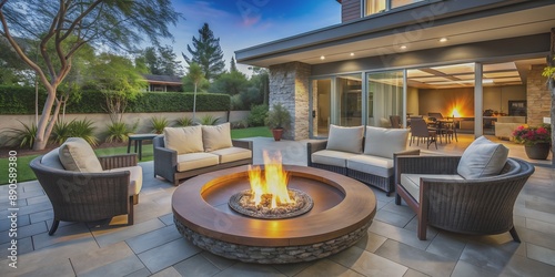 a fire pit on the luxury patio in the backyard Generative AI