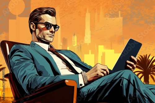 Pop art illustration. of confident young businessman in formalwear using digital tablet while sitting in chair