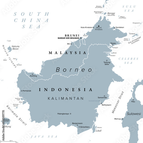 Borneo, divided among Malaysia, Brunei and Indonesia, gray political map. Third-largest island in the world, and one of the Greater Sunda Islands, in the geographic centre of Maritime Southeast Asia.