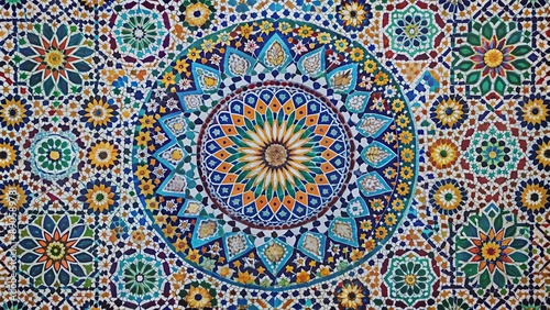 Intricate Moroccan mosaic decoration in Islamic mosque motif with geometric patterns, mosaic, Morocco, geometric, decoration, mosque