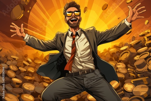 Illustration of comics style happy businessman in formalwear smiling against multiple bitcoins on background