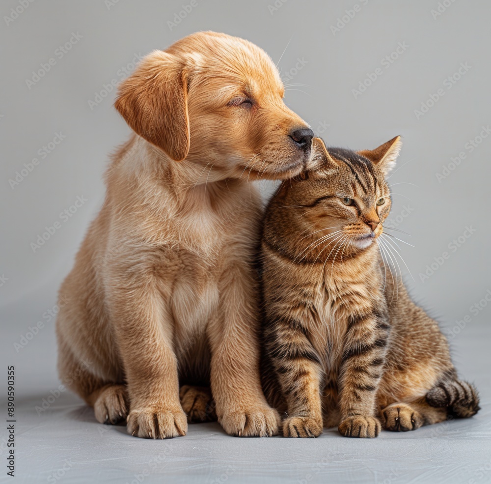 Labrador puppy and tabby cat, sitting together