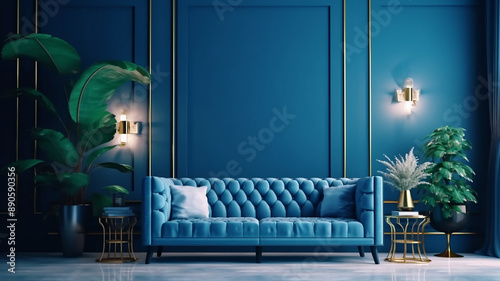 Modern interior of lounge and living room design and blue wall background, Generative AI.