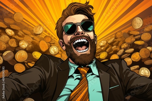 Illustration of comics style happy businessman in formalwear smiling against multiple bitcoins on background