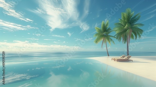 Love couple chairs umbrella palm leaves romantic coast. Beautiful panoramic sea sand sky. Tropical relax beach sunny summer island landscape.Luxury travel destination.Tropical Holiday Banner © Wilden