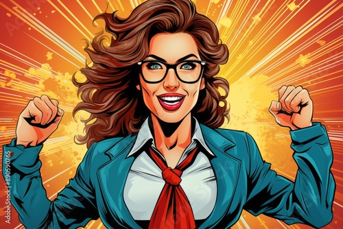 Illustration of comics style strong and confident businesswoman holding hands on hips and smiling