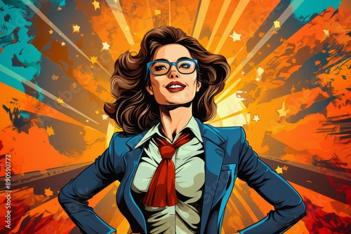 Illustration of comics style strong and confident businesswoman holding hands on hips and smiling