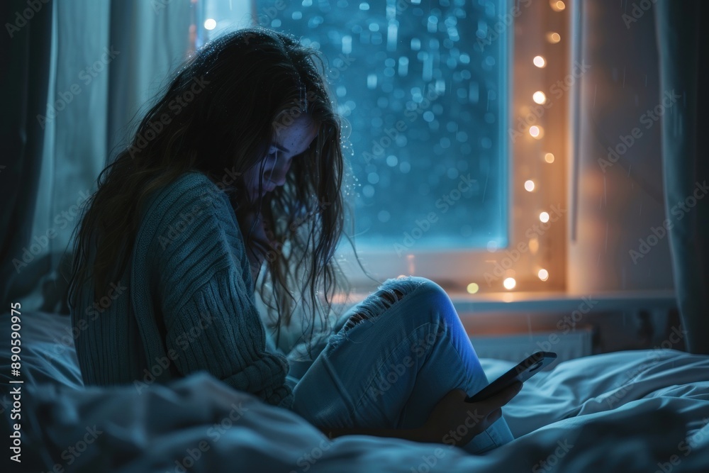 depicting teenage depression influenced by social media, showcasing a despondent adolescent grappling depicting teenage depression influenced by social media, showcasing a despondent adolescent grappling