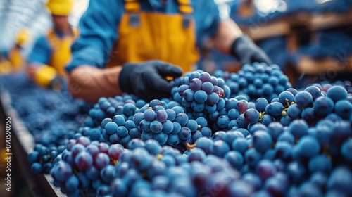 Wallpaper Mural Close-up of workers' hands sorting through clusters of ripe blue grapes during harvest, with selective focus on the foreground and blurred figures in yellow aprons in the background. Torontodigital.ca