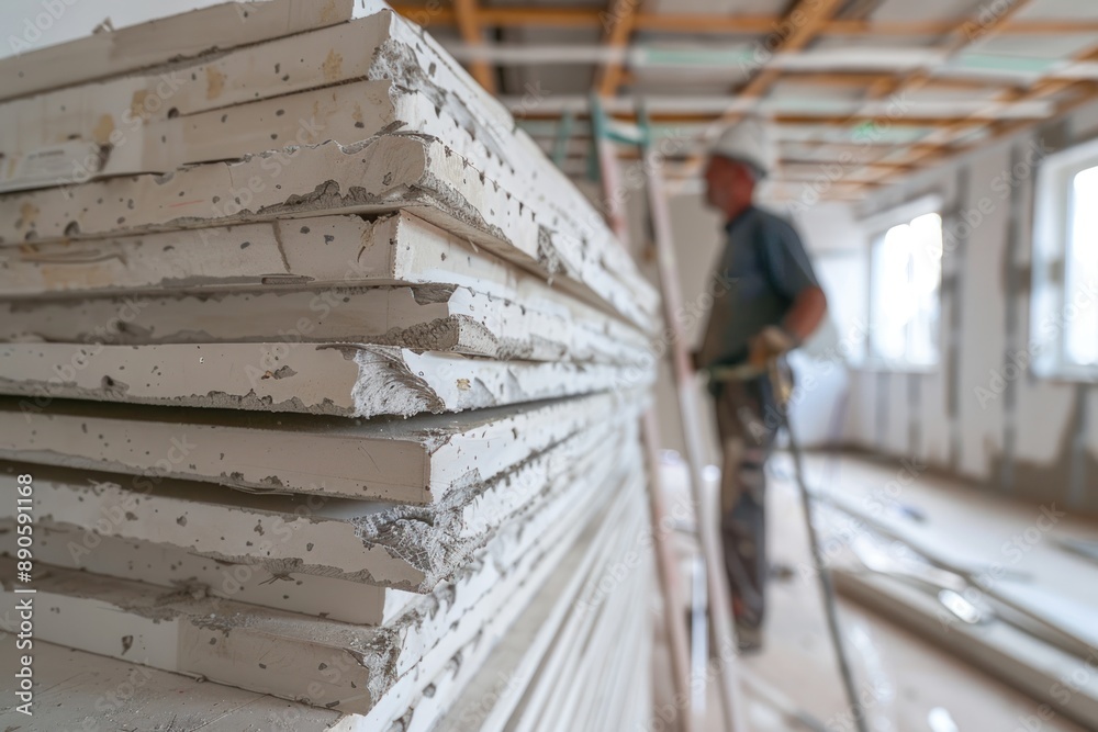 A stack of gypsum boards ready for installation, with a construction worker preparing house under renovation A stack of gypsum boards ready for installation, with a construction worker preparing house under renovation