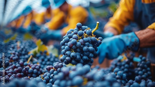 Close-up of workers' hands sorting through clusters of ripe blue grapes during harvest, with selective focus on the foreground and blurred figures in yellow aprons in the background.