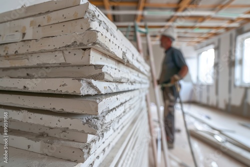 A stack of gypsum boards ready for installation, with a construction worker preparing house under renovation