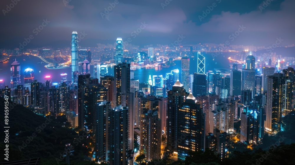 Fototapeta premium A panoramic view of a bustling city skyline at night, with lights twinkling.