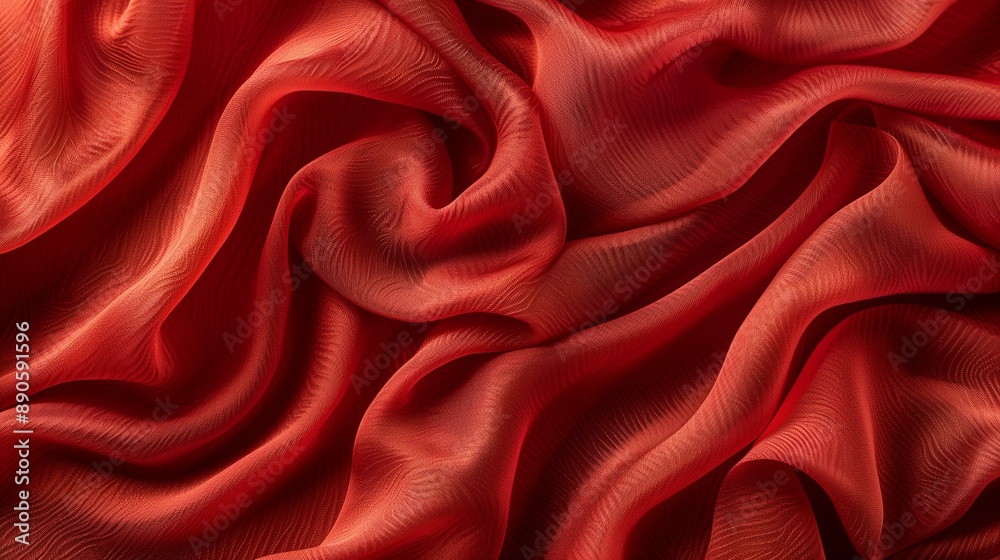Obraz premium Top-Down Photograph of Luxurious Red Silk Fabric Texture, Shiny and Smooth Material Ideal for Drapery and High-End Fashion Designs