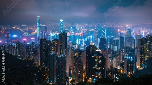 A panoramic view of a bustling city skyline at night, with lights twinkling.