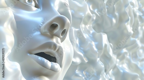 3D rendering of a woman's face made of white liquid. The face is in a screaming expression, with the mouth wide open and the eyes rolled upwards. © Berivan