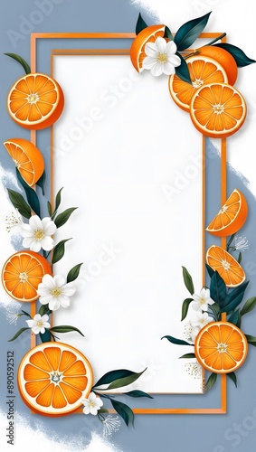 Orange frame with flowers and leaves on blue background. Vector illustration.