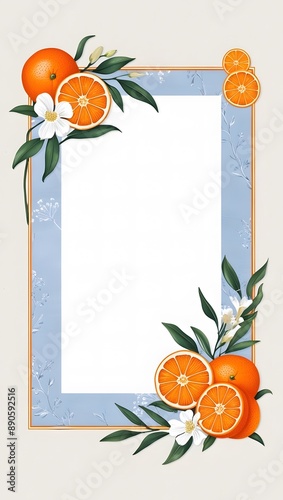 Orange frame with flowers and leaves on blue background. Vector illustration.