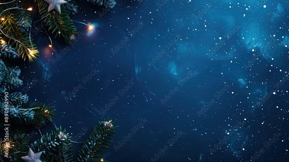 Evergreen branches decorated with twinkling lights frame a dark blue background with scattered snow Evergreen branches decorated with twinkling lights frame a dark blue background with scattered snow