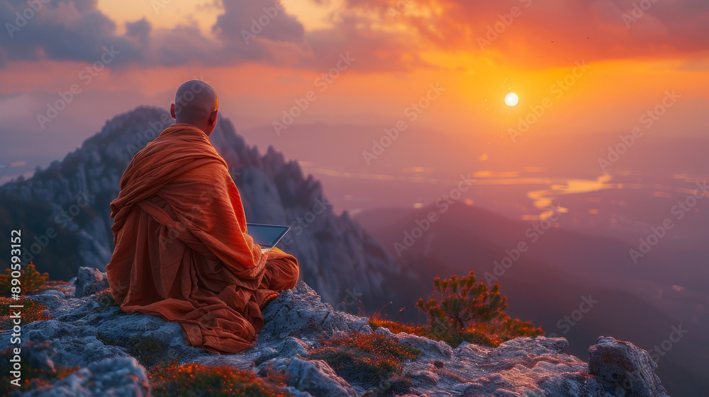 Fototapeta premium a monk working on a laptop looking out over the mountains at sunrise,generative ai