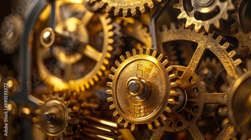 Closeup of golden gears in a clockwork mechanism.
