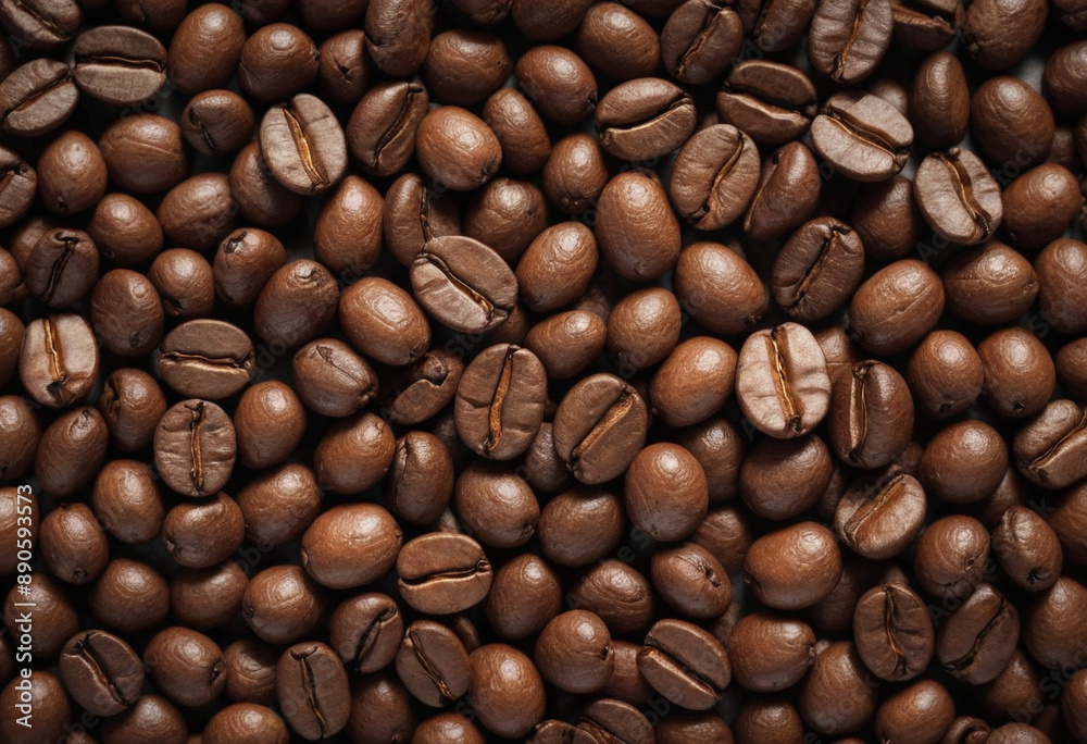 Fototapeta premium Macro shot of coffee beans with a roasted, textured surface. 