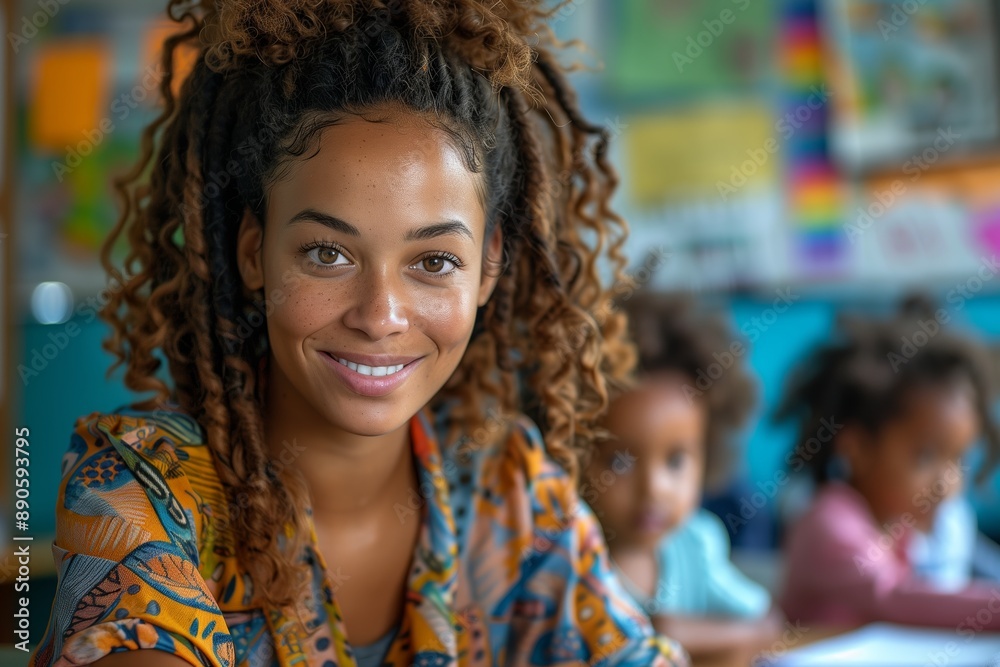 Smiling Teacher With Curly Hair in a Classroom Smiling Teacher With Curly Hair in a Classroom