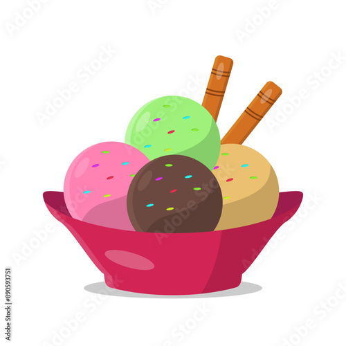 Ice cream scoop in a plate flat vector illustration on white background