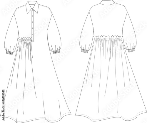 his drawing of a dress with a collar and ruffle technical drawing features detailed elements, including collar design, ruffle details, and seam lines. Ideal for fashion designers and garment makers, i