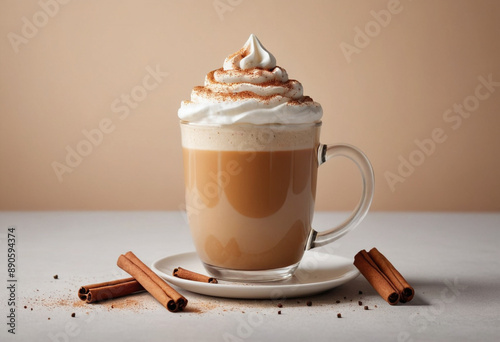  Steaming mug of pumpkin spice latte with whipped cream and cinnamon sprinkle. 