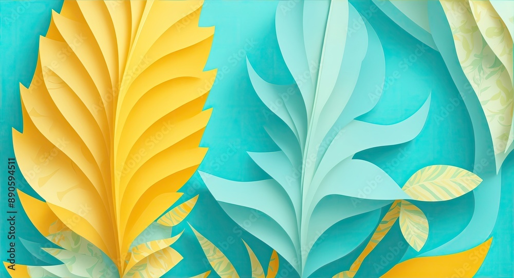 Naklejka premium Abstract Papercut Yellow and Blue Leaves.