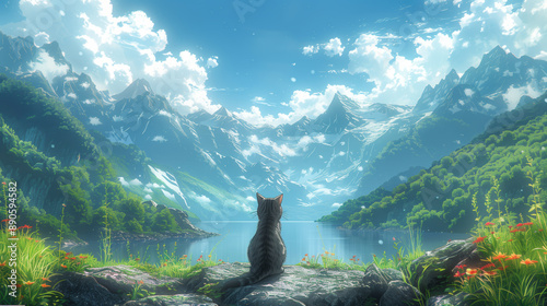 Cat Sitting By Scenic Mountain Lake with Clear Blue Sky, Lofi Inspired Anime Artwork