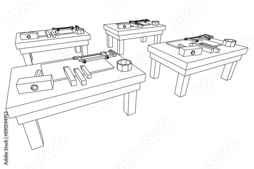 Craft carpentry workbench workshop interior. Wireframe low poly mesh vector illustration