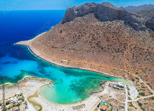 Fototapeta Naklejka Na Ścianę i Meble -  Aerial image of Stavros beach, Crete Island, Greece, Stavros beach is near Chania city. Stavros Beach was where the Zorba the Greek dance was filmed.