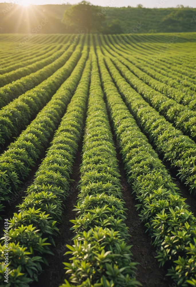 Field of lush green tea plants bathed in sunlight. Field of lush green tea plants bathed in sunlight.