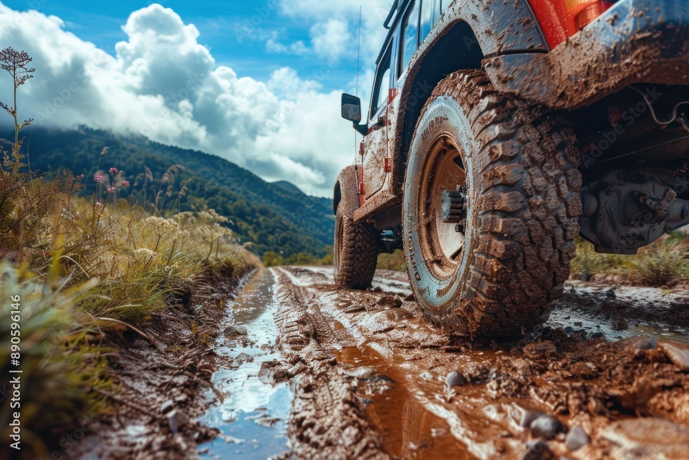 Driving briskly on a gross road is an off-road motor vehicle and big copy space Driving briskly on a gross road is an off-road motor vehicle and big copy space
