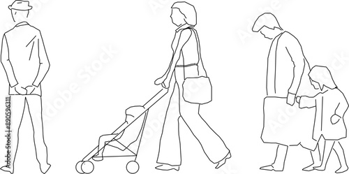 Vector silhouette illustration sketch, detailed design drawing of simple casual people carrying out work activities in formal clothes
