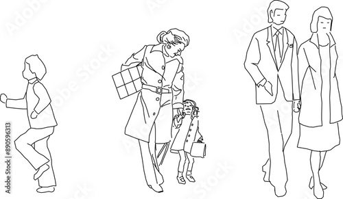 Vector silhouette illustration sketch, detailed design drawing of simple casual people carrying out work activities in formal clothes