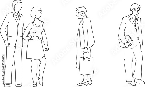 Vector silhouette illustration sketch, detailed design drawing of simple casual people carrying out work activities in formal clothes