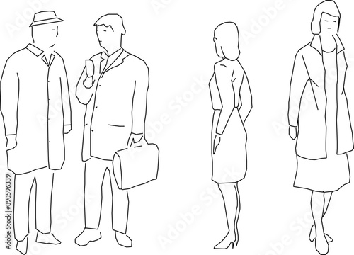 Vector silhouette illustration sketch, detailed design drawing of simple casual people carrying out work activities in formal clothes