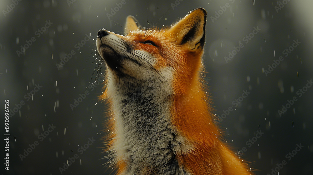 Obraz premium fox in rain, keeping foxes, zoo, eco-park, nature reserve, copy space