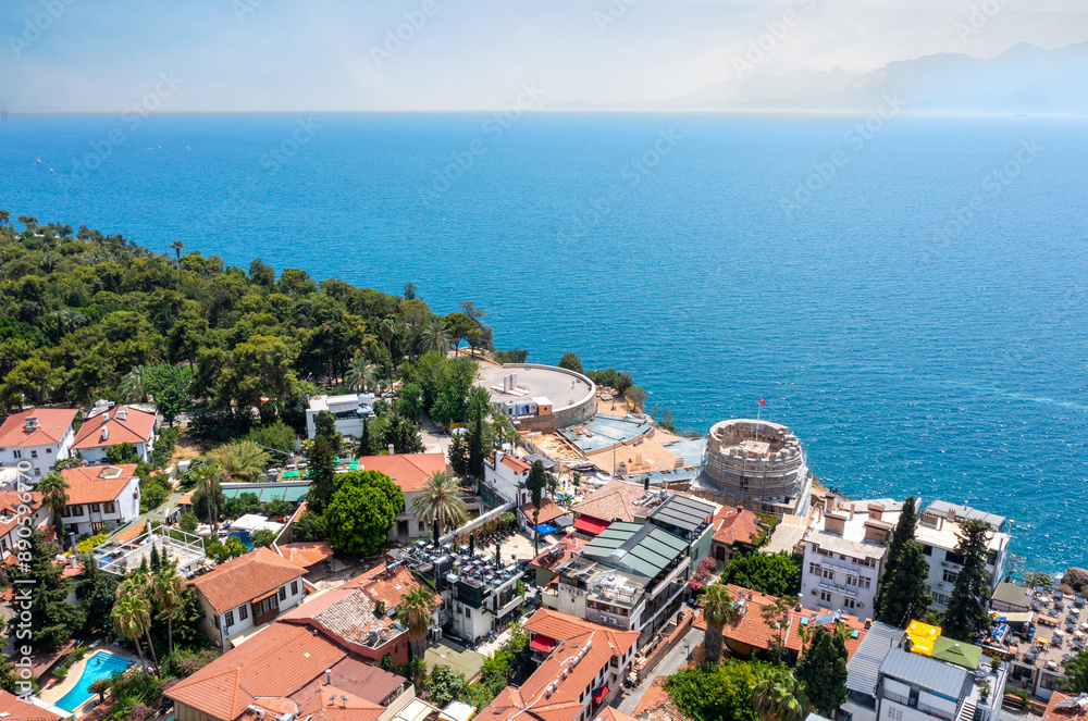 Naklejka premium Hıdırlık tower and Karaalioğlu park. Antalya is a popular tourist destination in Turkey and a district on the Mediterranean coast. Aerial shooting