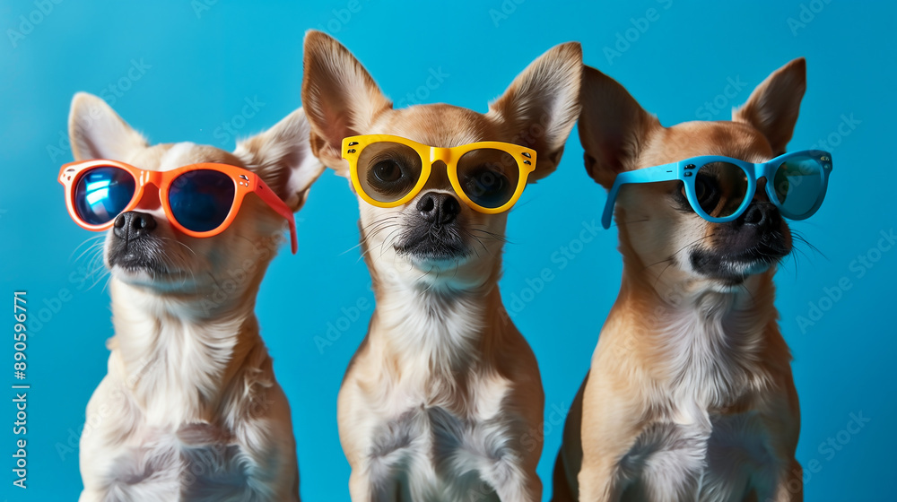 Fototapeta premium Cute little funny dogs wearing colorful sunglasses on blue background