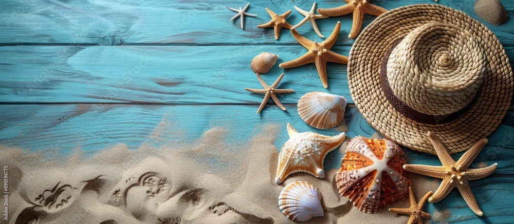 Naklejka premium Summer Beach Background with Sand, Shells, and a Straw Hat